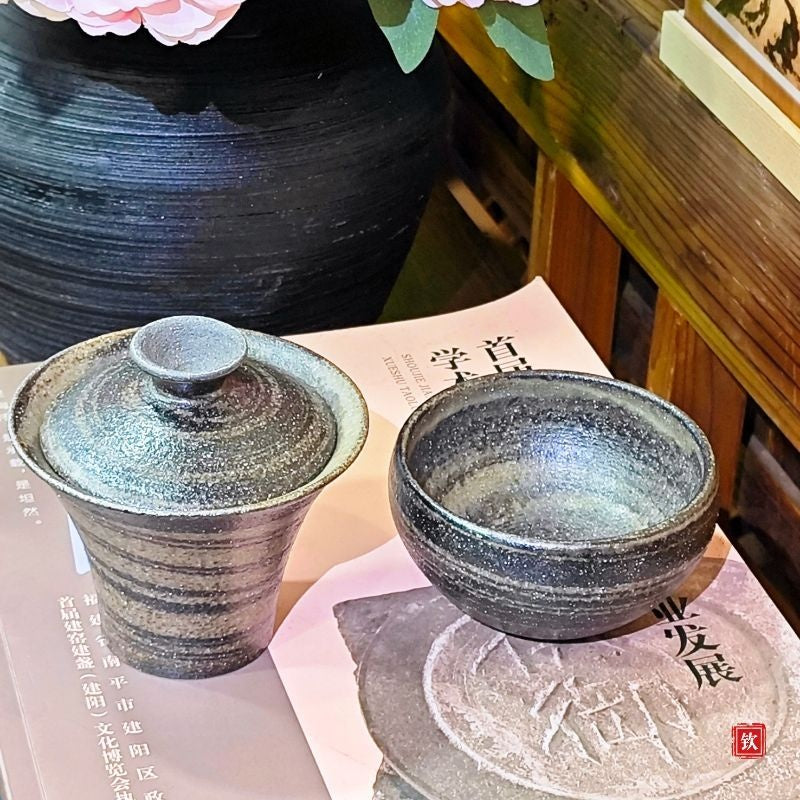 侘寂風馬蹄蓋碗+鉢型主人杯 可單售 絞胎工藝